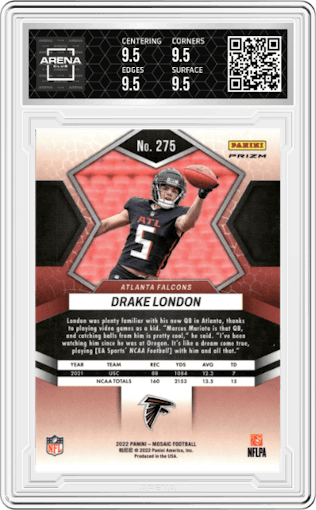 Drake London from the 2022 Panini Mosaic set featuring a White Sparkle parallel graded by Arena Club and given an overall grade of 9.5.