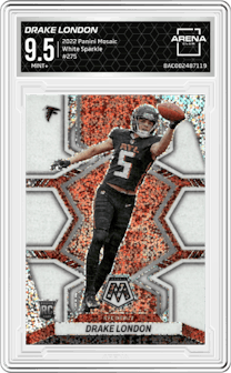 Drake London from the 2022 Panini Mosaic set featuring a White Sparkle parallel graded by Arena Club and given an overall grade of 9.5.