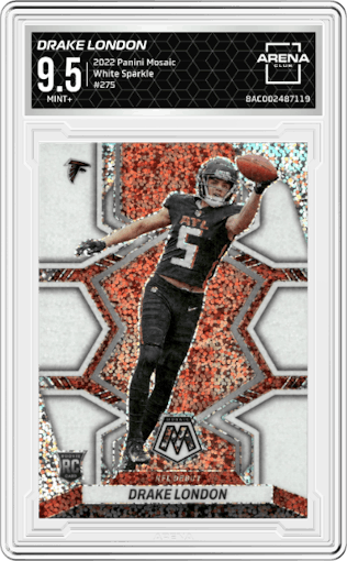 Drake London from the 2022 Panini Mosaic set featuring a White Sparkle parallel graded by Arena Club and given an overall grade of 9.5.