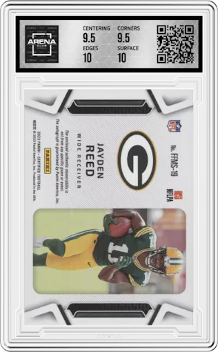 Jayden Reed from the 2023 Panini Certified set featuring a Mirror Orange parallel graded by Arena Club and given an overall grade of 10.