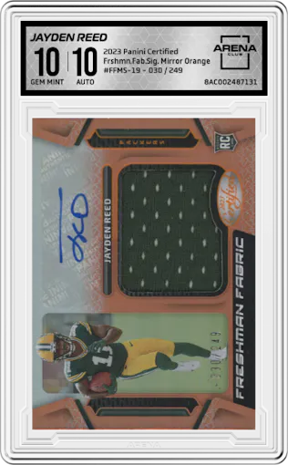 Jayden Reed from the 2023 Panini Certified set featuring a Mirror Orange parallel graded by Arena Club and given an overall grade of 10.