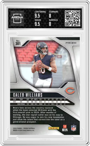 Caleb Williams from the 2024 Panini Prizm set featuring a Red/White/Blue Prizm parallel graded by Arena Club and given an overall grade of 8.5.