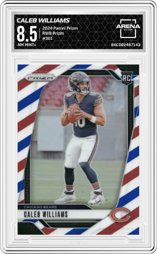 Caleb Williams from the 2024 Panini Prizm set featuring a Red/White/Blue Prizm parallel graded by Arena Club and given an overall grade of 8.5.