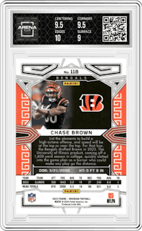 Chase Brown from the 2023 Panini Obsidian set featuring a Electric Etch Contra parallel graded by Arena Club and given an overall grade of 9.5.