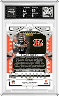 Chase Brown from the 2023 Panini Obsidian set featuring a Electric Etch Contra parallel and given an overall grade of 9.5.
