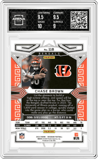 Chase Brown from the 2023 Panini Obsidian set featuring a Electric Etch Contra parallel graded by Arena Club and given an overall grade of 9.5.
