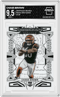 Chase Brown from the 2023 Panini Obsidian set featuring a Electric Etch Contra parallel graded by Arena Club and given an overall grade of 9.5.