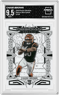 Chase Brown from the 2023 Panini Obsidian set featuring a Electric Etch Contra parallel and given an overall grade of 9.5.