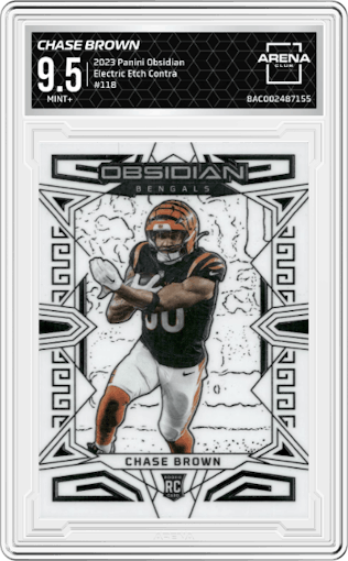 Chase Brown from the 2023 Panini Obsidian set featuring a Electric Etch Contra parallel graded by Arena Club and given an overall grade of 9.5.