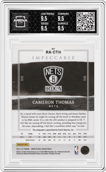 Cameron Thomas from the 2021-22 Panini Impeccable  set graded by Arena Club and given an overall grade of 9.5.