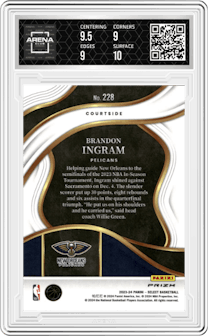 Brandon Ingram from the 2023-24 Panini Select  set featuring a Tiger parallel graded by Arena Club and given an overall grade of 9.5.