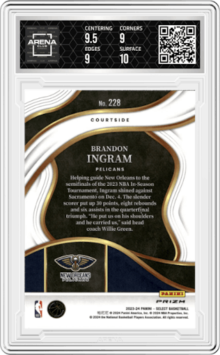 Brandon Ingram from the 2023-24 Panini Select  set featuring a Tiger parallel graded by Arena Club and given an overall grade of 9.5.