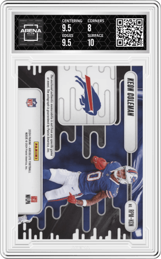 Keon Coleman from the 2024 Panini Absolute set featuring a Spectrum parallel graded by Arena Club and given an overall grade of 8.5.