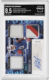 Keon Coleman from the 2024 Panini Absolute set featuring a Spectrum parallel graded by Arena Club and given an overall grade of 8.5.