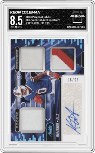 Keon Coleman from the 2024 Panini Absolute set featuring a Spectrum parallel graded by Arena Club and given an overall grade of 8.5.