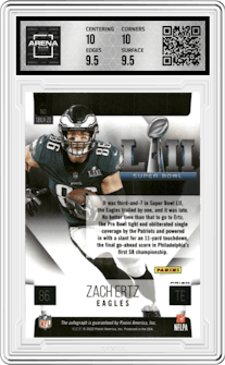 Zach Ertz from the 2022 Panini Select set graded by Arena Club and given an overall grade of 10.