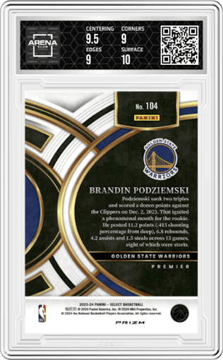 Brandin Podziemski from the 2023-24 Panini Select  set featuring a Tiger parallel graded by Arena Club and given an overall grade of 9.5.