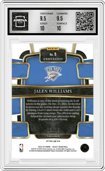 Jalen Williams  from the 2023-24 Panini Select  set featuring a Neon Orange Pulsar Prizm FOTL parallel graded by Arena Club and given an overall grade of 10.