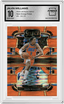 Jalen Williams  from the 2023-24 Panini Select  set featuring a Neon Orange Pulsar Prizm FOTL parallel graded by Arena Club and given an overall grade of 10.
