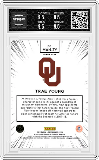 Trae Young from the 2022-23 Panini Prizm Draft Picks set graded by Arena Club and given an overall grade of 9.5.