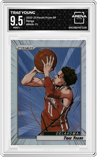 Trae Young from the 2022-23 Panini Prizm Draft Picks set graded by Arena Club and given an overall grade of 9.5.