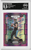 Bryce Young from the 2023 Panini Prizm set featuring a Purple Pulsar parallel graded by Arena Club and given an overall grade of 9.5.