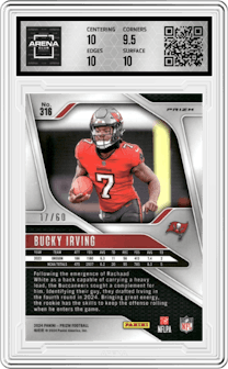 Bucky Irving from the 2024 Panini Prizm set featuring a Orange Wave parallel and given an overall grade of 10.