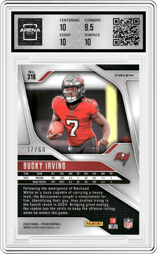 Bucky Irving from the 2024 Panini Prizm set featuring a Orange Wave parallel graded by Arena Club and given an overall grade of 10.