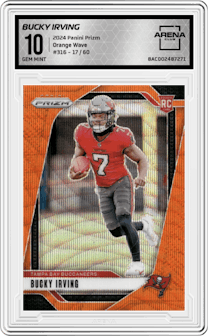 Bucky Irving from the 2024 Panini Prizm set featuring a Orange Wave parallel and given an overall grade of 10.