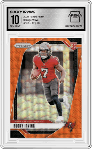 Bucky Irving from the 2024 Panini Prizm set featuring a Orange Wave parallel graded by Arena Club and given an overall grade of 10.