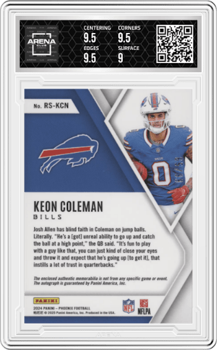 Keon Coleman from the 2024 Panini Phoenix set graded by Arena Club and given an overall grade of 9.5.