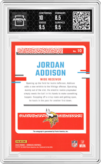 Jordan Addison from the 2023 Panini Donruss set graded by Arena Club and given an overall grade of 9.