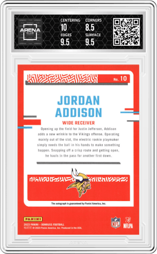 Jordan Addison from the 2023 Panini Donruss set graded by Arena Club and given an overall grade of 9.