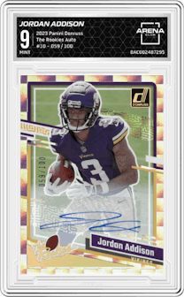 Jordan Addison from the 2023 Panini Donruss set graded by Arena Club and given an overall grade of 9.