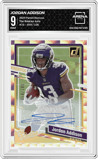 Jordan Addison from the 2023 Panini Donruss set graded by Arena Club and given an overall grade of 9.
