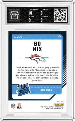 Bo Nix from the 2024 Donruss Optic set featuring a Purple Shock parallel graded by Arena Club and given an overall grade of 9.5.