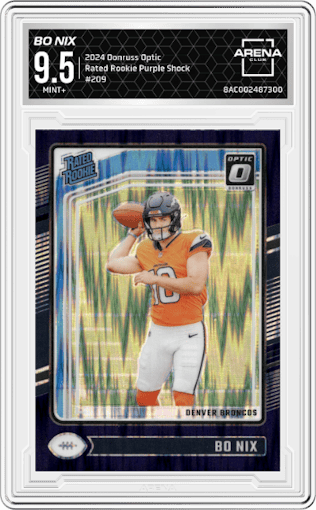 Bo Nix from the 2024 Donruss Optic set featuring a Purple Shock parallel graded by Arena Club and given an overall grade of 9.5.