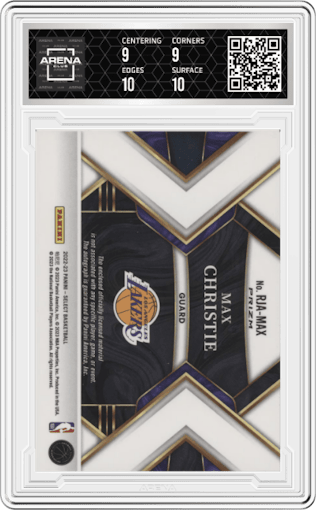 Max Christie from the 2022-23 Panini Select set featuring a Red Wave parallel graded by Arena Club and given an overall grade of 9.5.