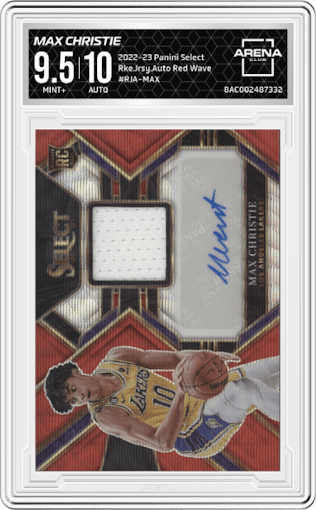Max Christie from the 2022-23 Panini Select set featuring a Red Wave parallel graded by Arena Club and given an overall grade of 9.5.