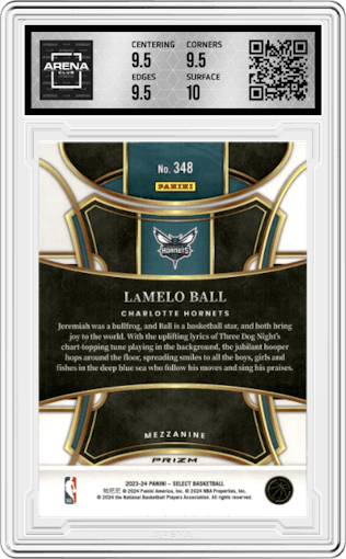 LaMelo Ball from the 2023-24 Panini Select  set featuring a Tiger parallel graded by Arena Club and given an overall grade of 10.