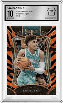 LaMelo Ball from the 2023-24 Panini Select  set featuring a Tiger parallel and given an overall grade of 10.