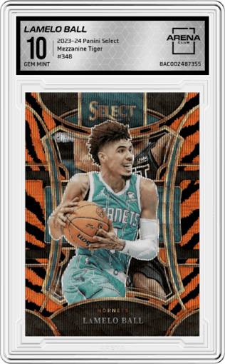 LaMelo Ball from the 2023-24 Panini Select  set featuring a Tiger parallel graded by Arena Club and given an overall grade of 10.