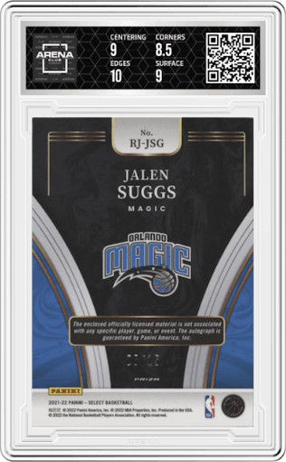 Jalen Suggs from the 2021-22 Panini Select set featuring a Neon Orange Pulsar FOTL parallel graded by Arena Club and given an overall grade of 9.