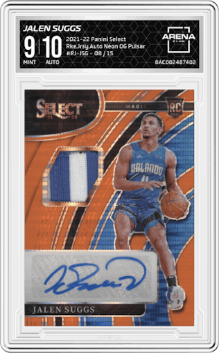 Jalen Suggs from the 2021-22 Panini Select set featuring a Neon Orange Pulsar FOTL parallel graded by Arena Club and given an overall grade of 9.
