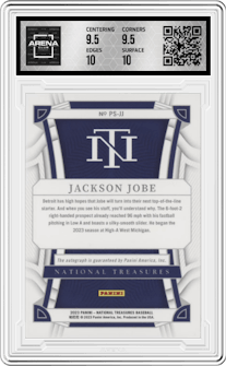 Jackson Jobe from the 2023 Panini National Treasures set graded by Arena Club and given an overall grade of 10.
