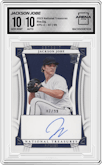 Jackson Jobe from the 2023 Panini National Treasures set graded by Arena Club and given an overall grade of 10.