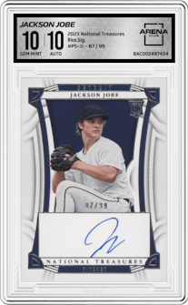 Jackson Jobe from the 2023 Panini National Treasures set graded by Arena Club and given an overall grade of 10.