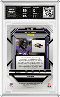 Ray Lewis from the 2022 Panini Prizm set graded by Arena Club and given an overall grade of 9.