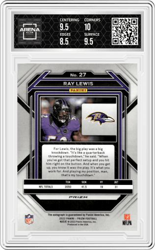Ray Lewis from the 2022 Panini Prizm set graded by Arena Club and given an overall grade of 9.