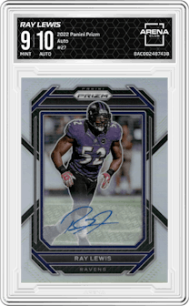 Ray Lewis from the 2022 Panini Prizm set graded by Arena Club and given an overall grade of 9.